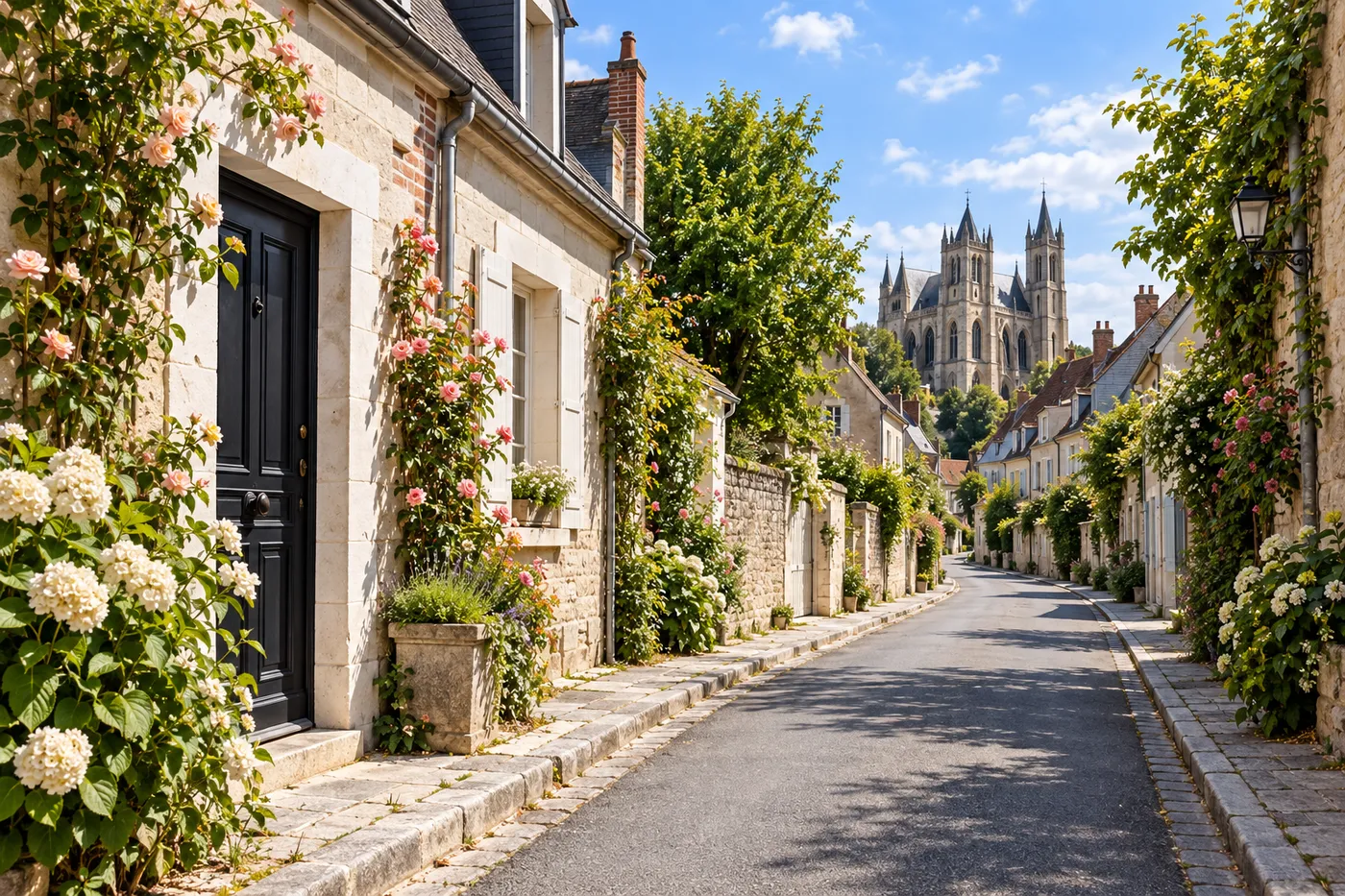 Rue résidentielle d'une commune de l'Oise, maisons en pierre et portes d'entrée